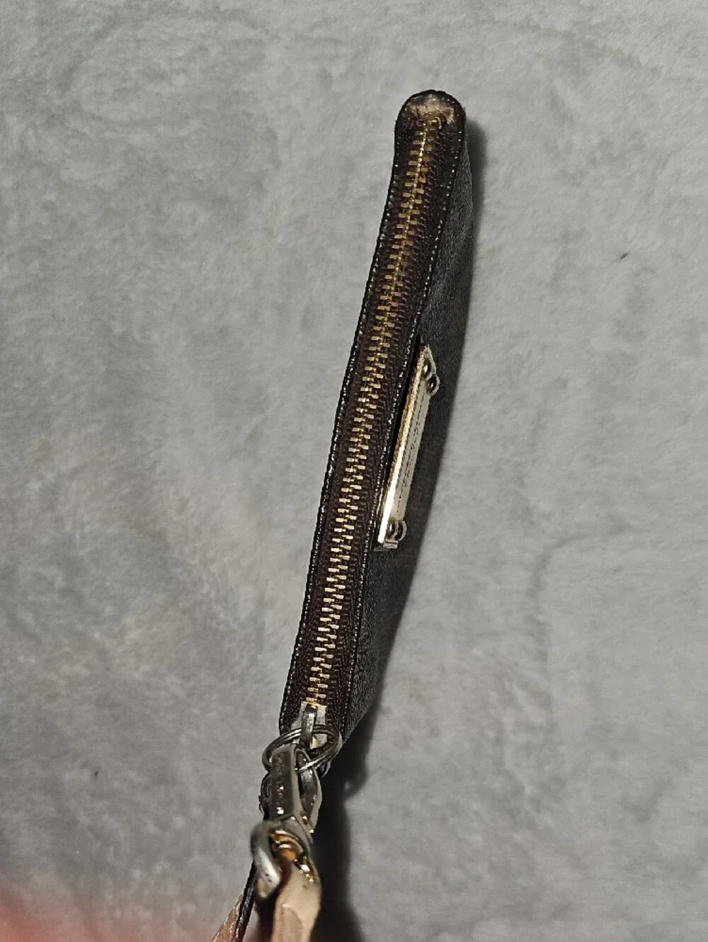Michael Kors Dark Brown Signature Wristlet with Beige Strap